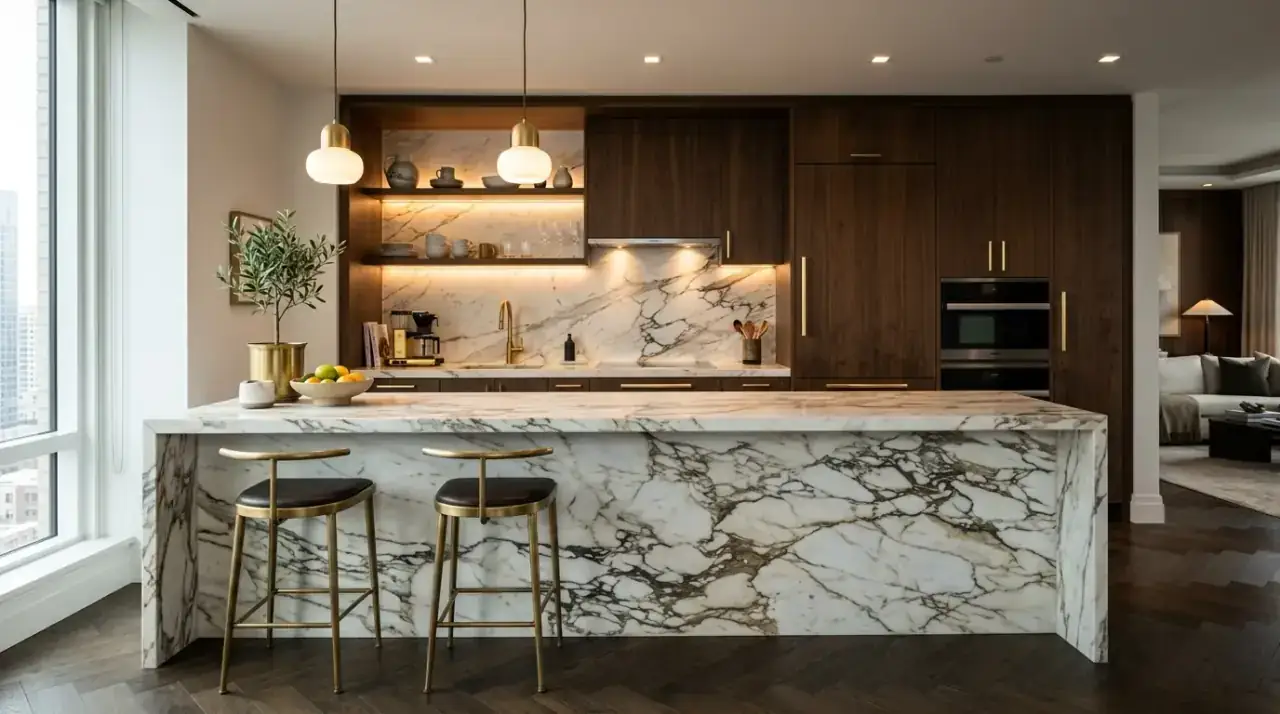 Compact kitchen full system design. Apartment kitchen designed holistically for comfort, efficiency, and openness.