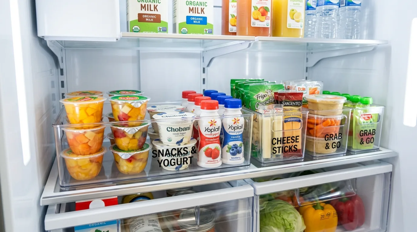 Clever fridge snack station with organized family-friendly refrigerated storage.