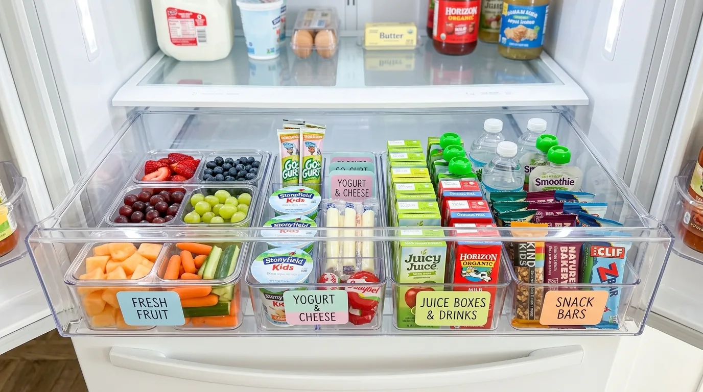 Kid-level fridge snack shelf. Family-friendly refrigerated snack storage with easy access.