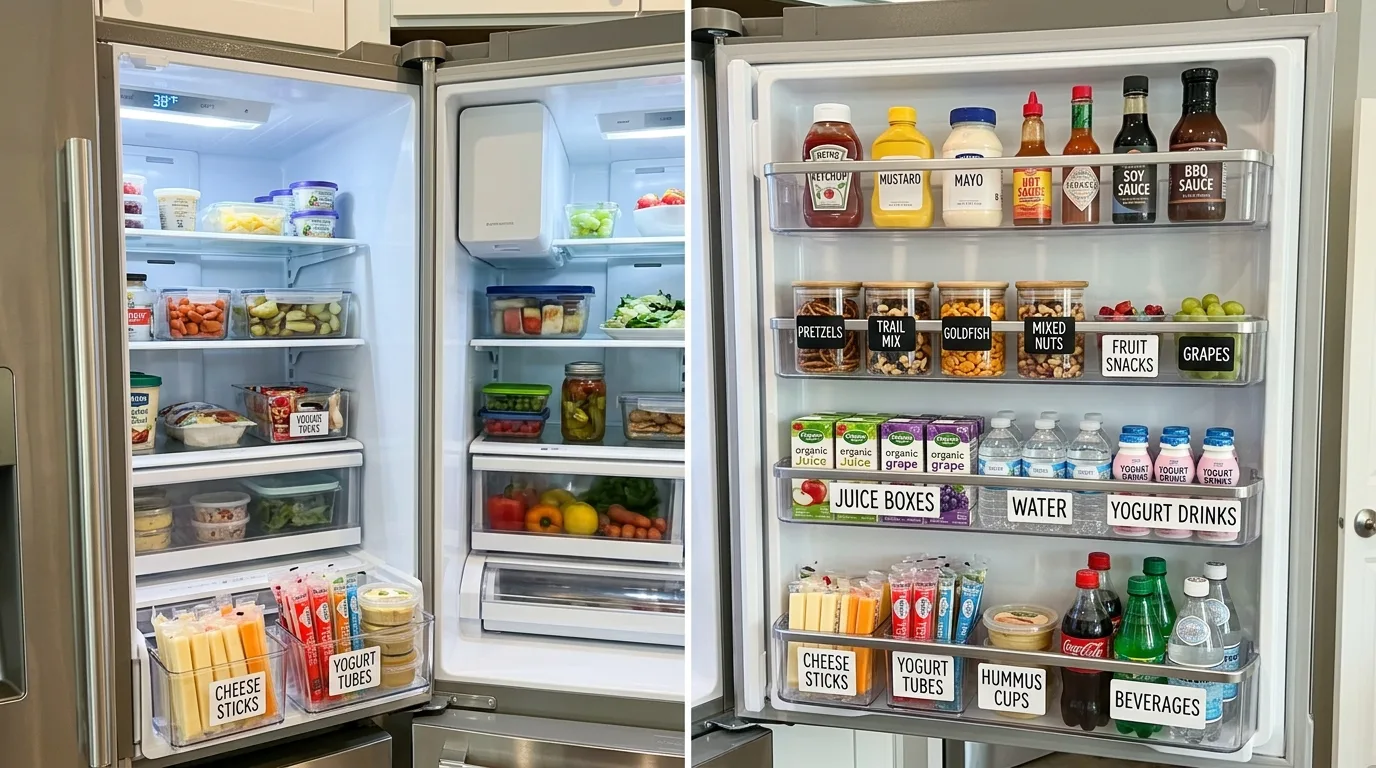 Protein snack zone in family fridge. Organized refrigerated snacks grouped for easy daily access.