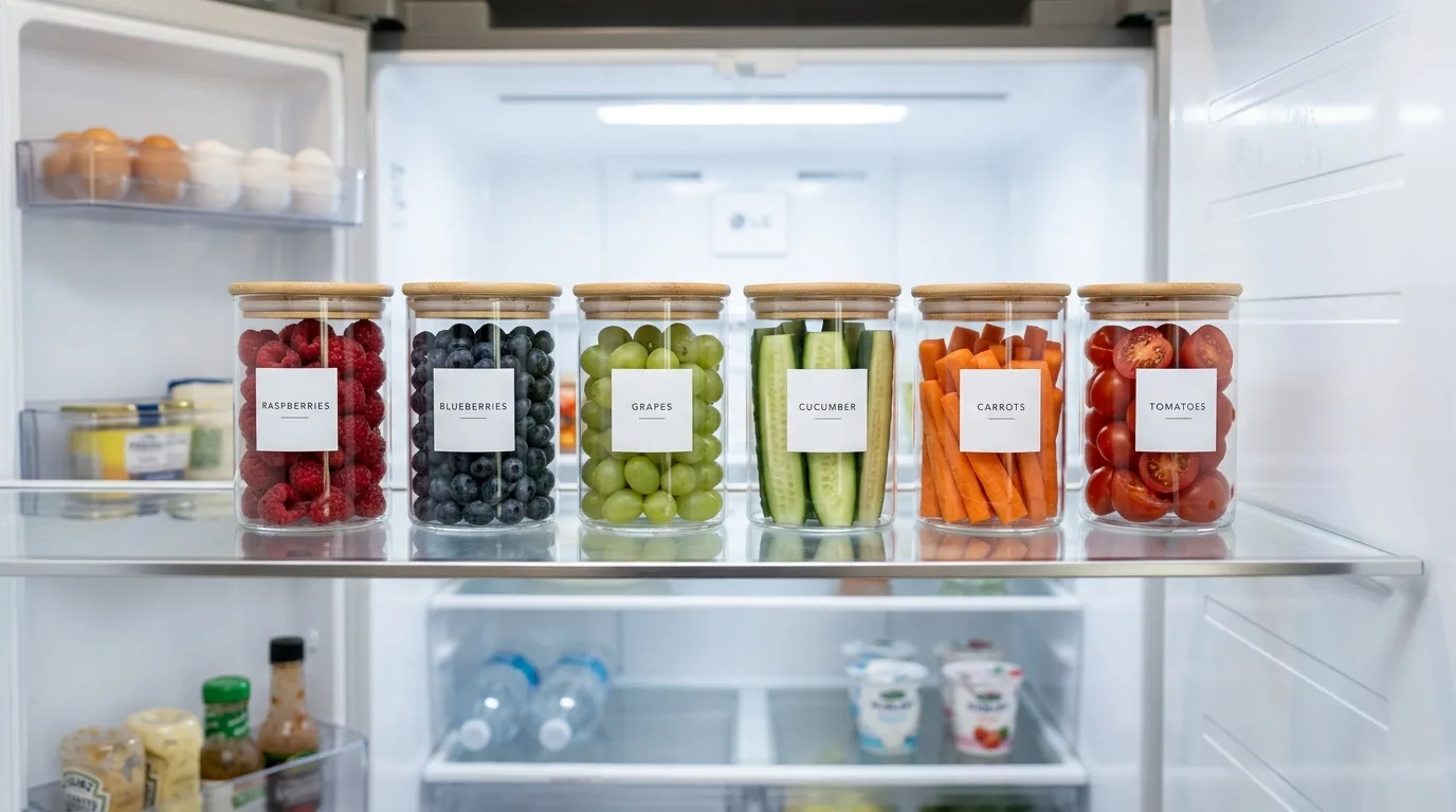 Fruit and veggie containers in fridge snack station. Matching containers keeping refrigerated family snacks tidy.