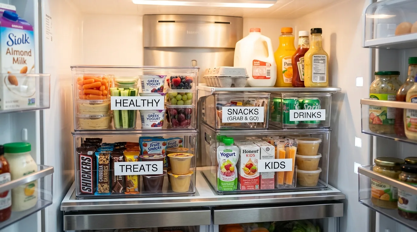 Fridge zone for lunchbox snack fillers. Organized family fridge setup supporting faster lunch prep.