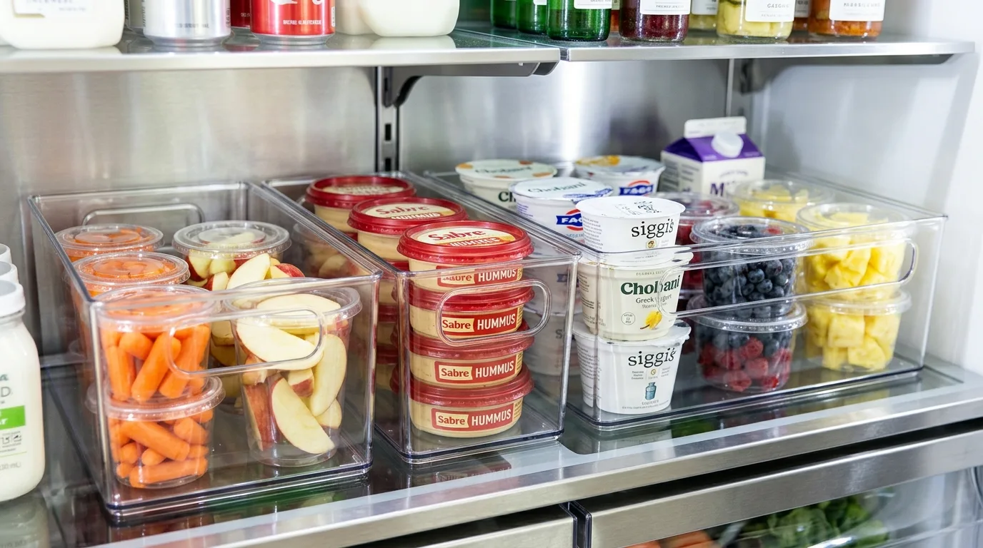 Fridge drawer used as snack station. Dedicated refrigerated family snack storage in one organized drawer.