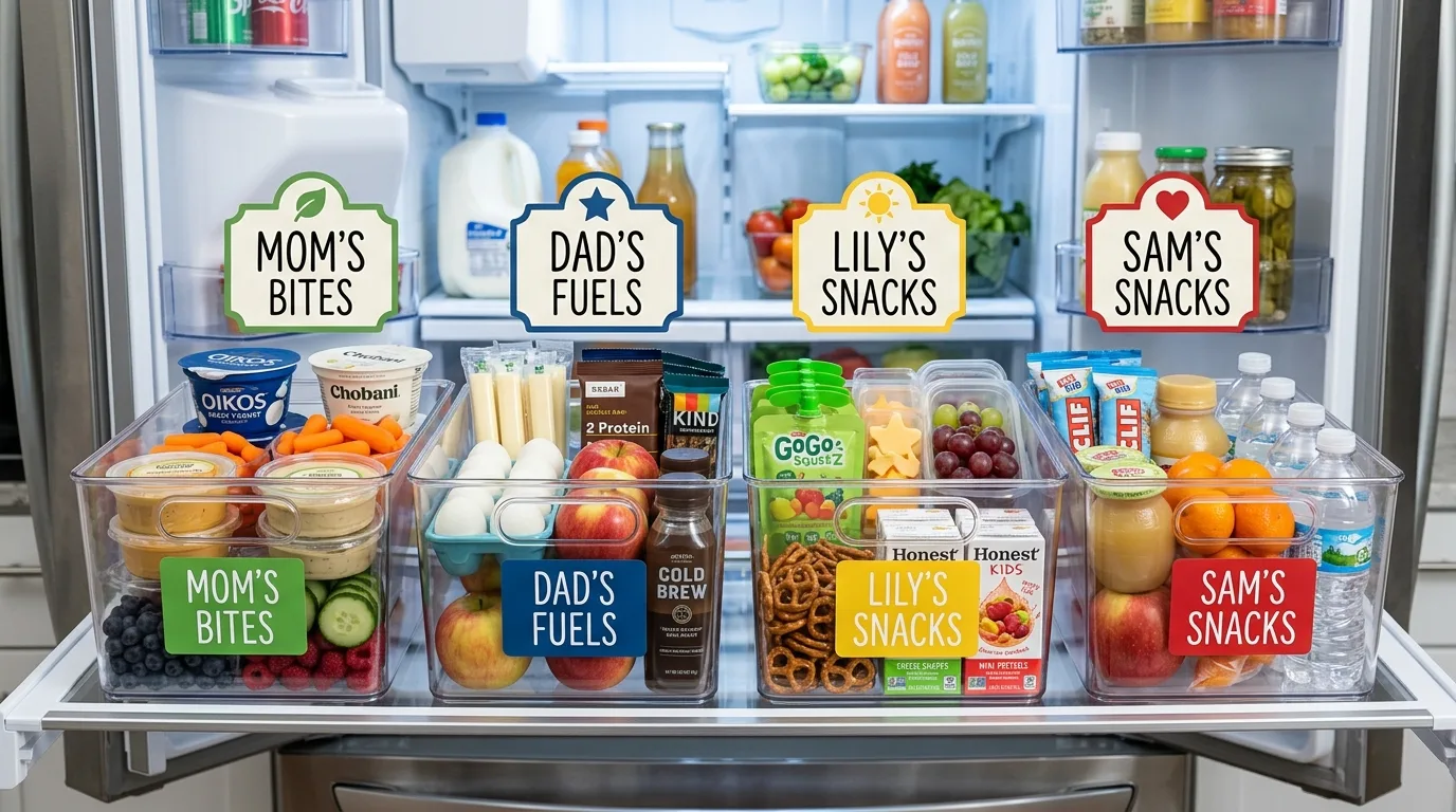 Eye-level healthy fridge snack station. Easy family access to organized refrigerated healthy snacks.