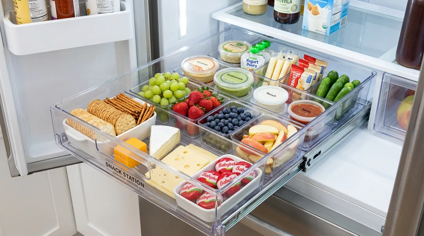 Mini drinks station in family fridge. Organized refrigerated drink zone for easy household access.