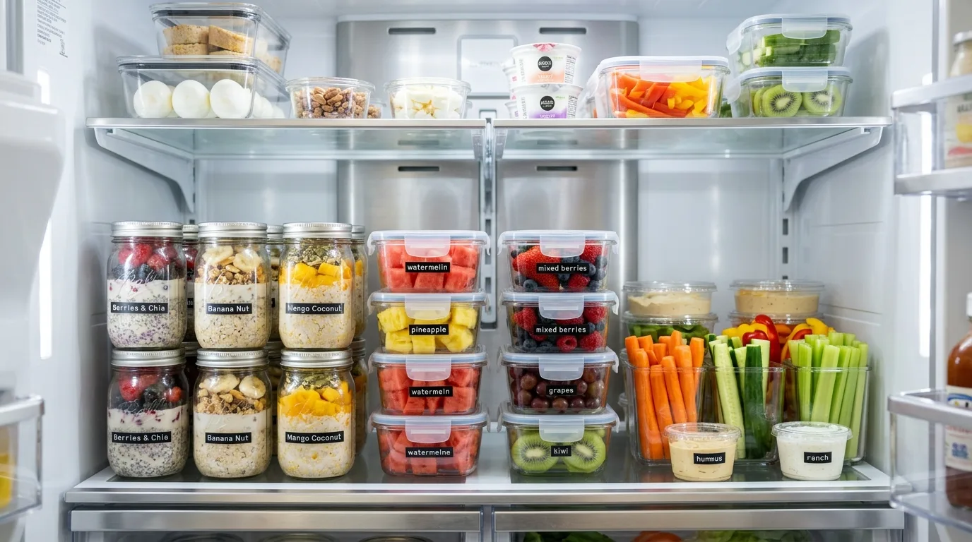 Rotating snack trays in organized fridge. Flexible refrigerated snack station for family variety.