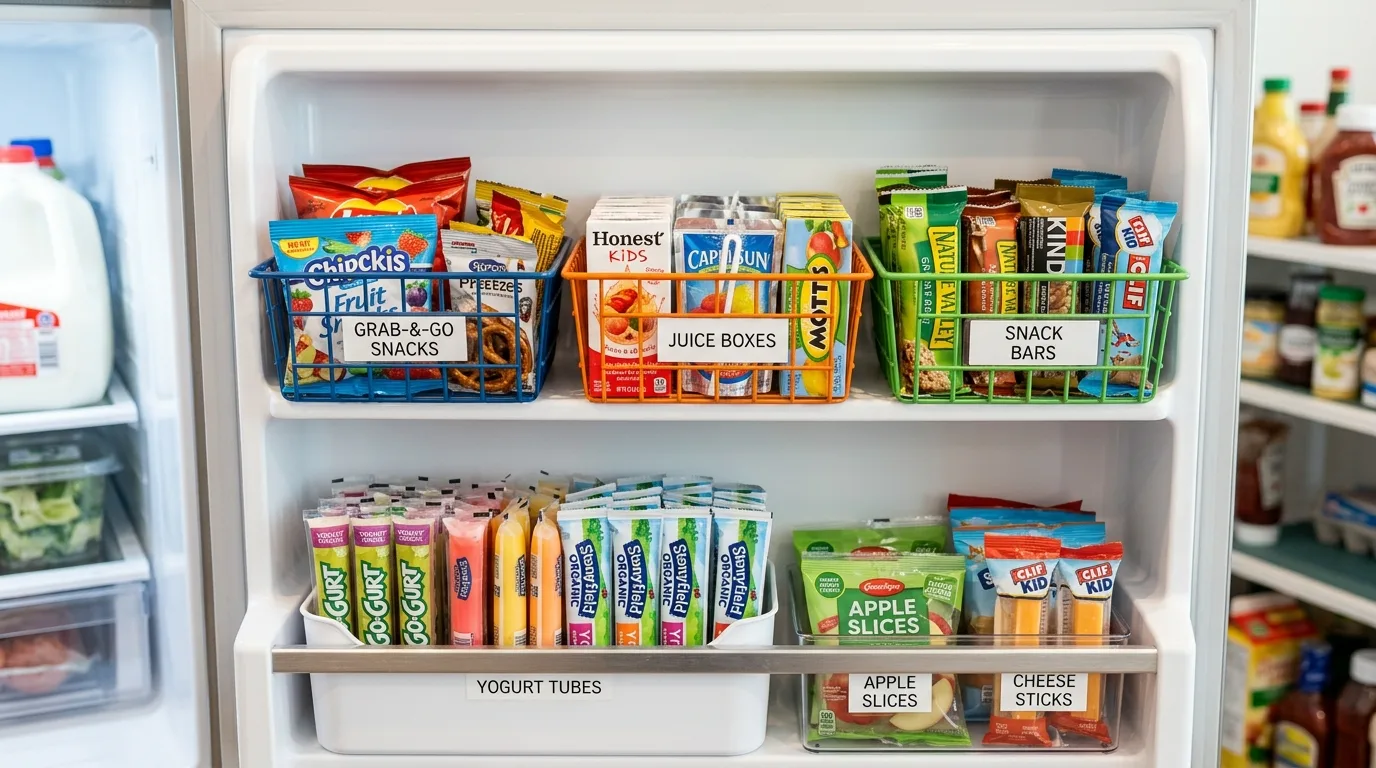 Labelled fridge snack baskets. Organized family refrigerator system with clearly grouped snack zones.