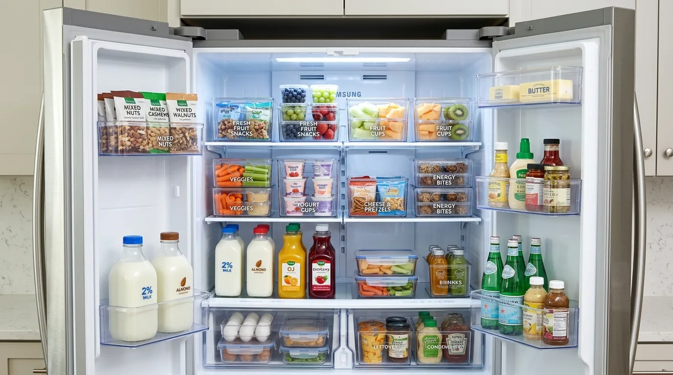 Prep containers for fridge snack station. Weekly restocking system for organized refrigerated family snacks.