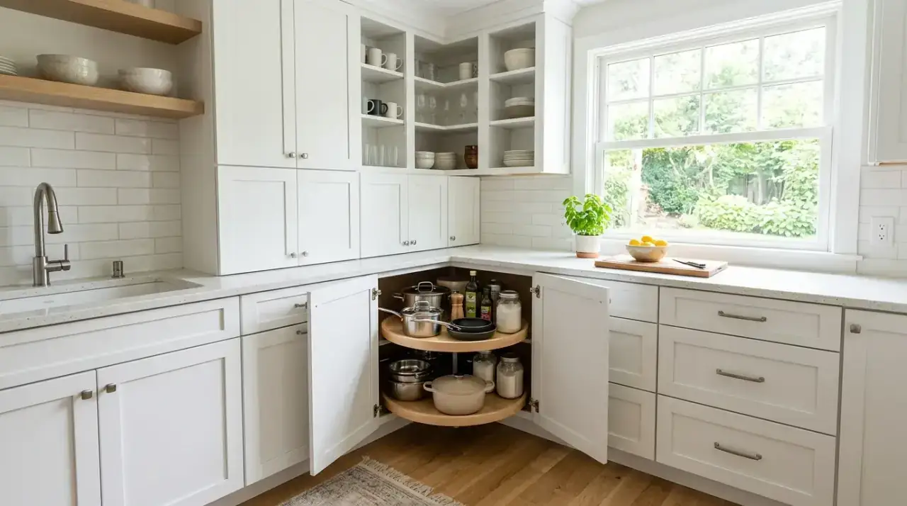 Clever kitchen corner design making better use of awkward space through storage and layout planning.