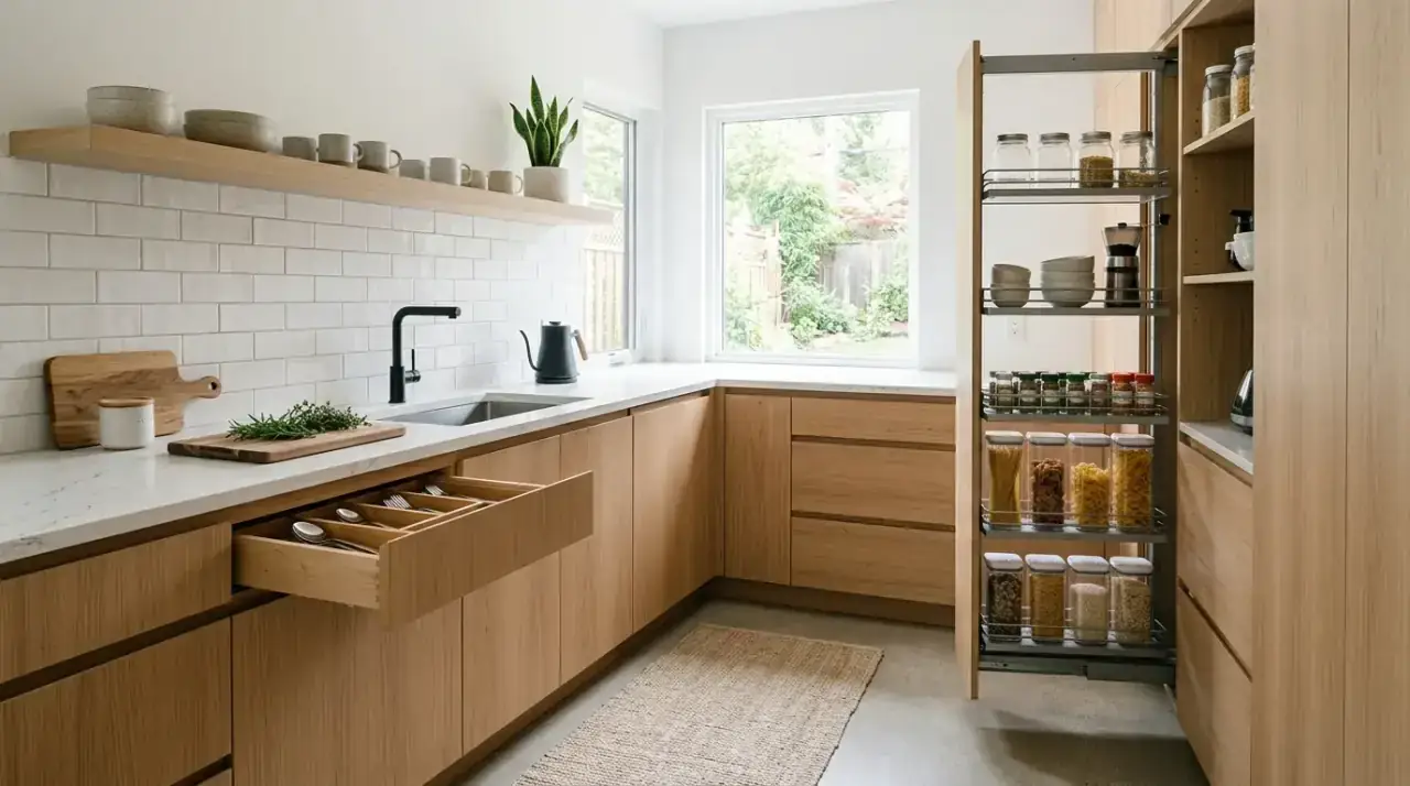 Blind corner pull-out kitchen. Cabinet hardware solution improving access in a difficult kitchen corner.