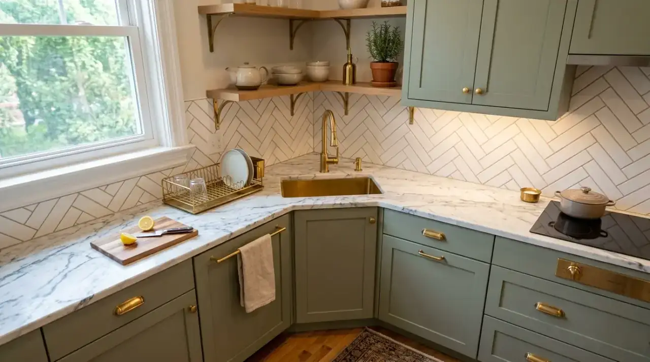 Open corner kitchen shelves. Light open shelving solution making a kitchen corner more useful and airy.