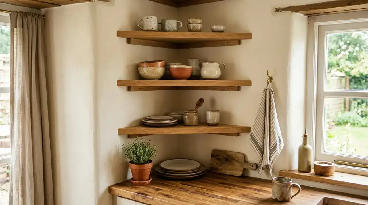 Kitchen corner coffee station. Compact beverage corner using an awkward kitchen angle more effectively.