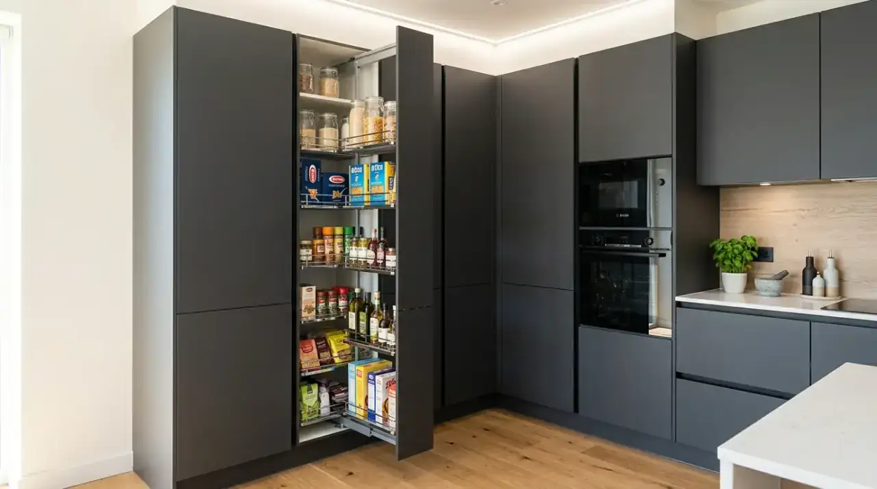 Corner pantry kitchen. Vertical pantry storage maximizing a difficult kitchen corner.