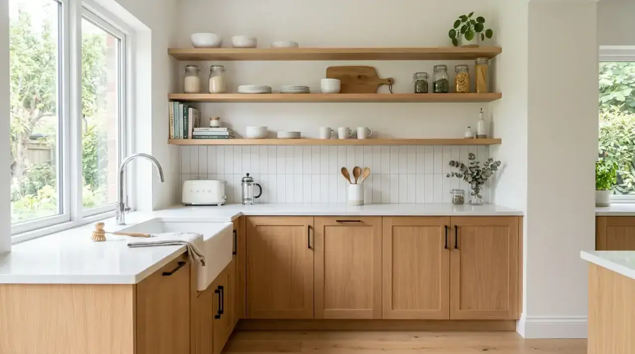 Corner sink kitchen. Window-lit corner sink layout making better use of a tricky kitchen angle.
