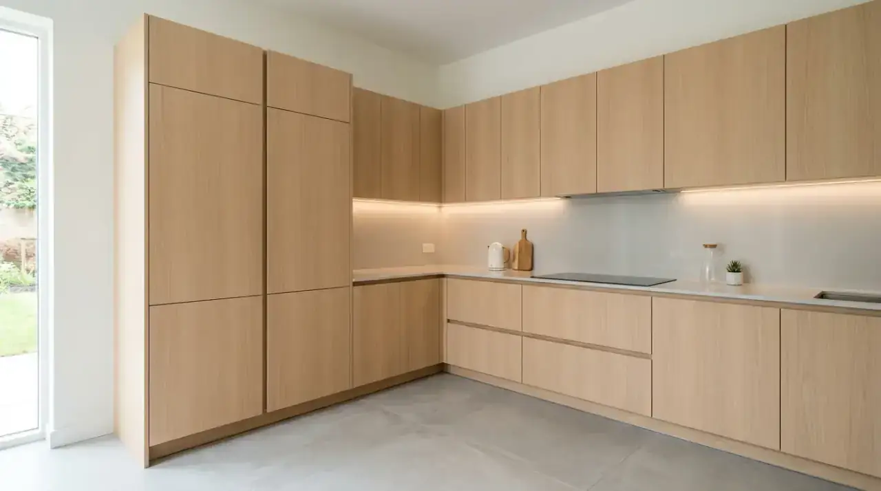 Diagonal corner cabinet kitchen. Angled corner cabinetry improving access and movement in the kitchen.