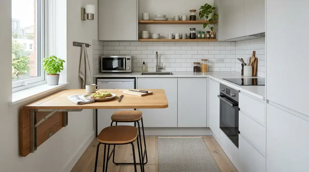 Hooks in kitchen corner. Wall-mounted rails and hooks making a kitchen corner more functional.
