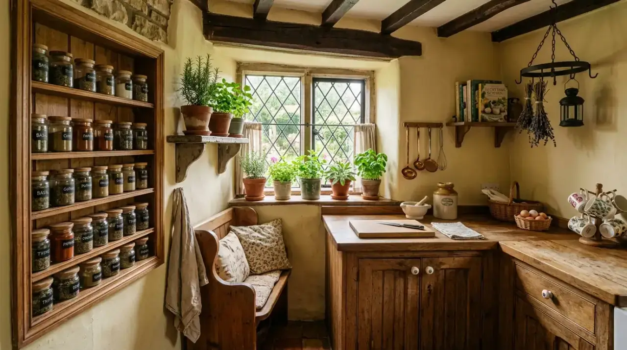 Kitchen corner overview. Smart corner planning tailored to storage, seating, or flow needs.