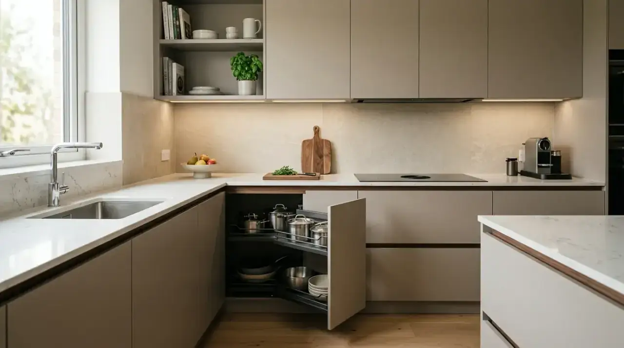 Kitchen corner planning overview. Better kitchen corner use improving the whole room's function and finish.