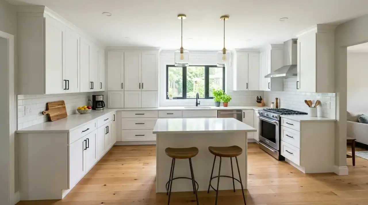 Clever refrigerator placement improving kitchen flow, access, and everyday movement through the space.