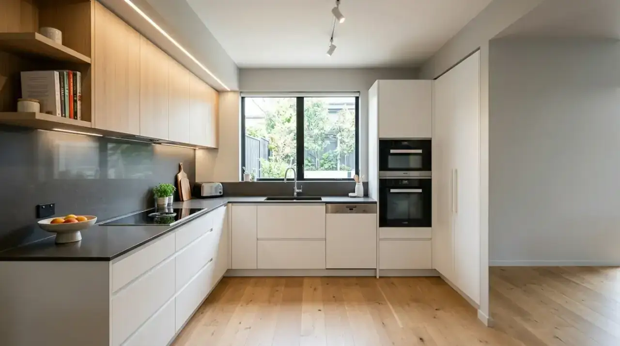 Fridge with landing counter. Kitchen refrigerator positioned beside useful countertop landing space.