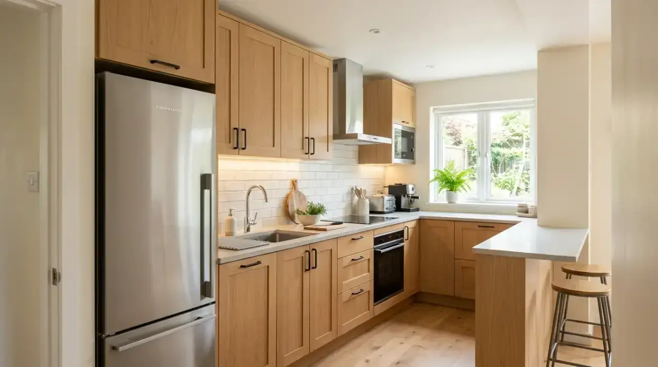 Fridge in tall cabinet wall. Refrigerator integrated into a tall cabinet wall for cleaner kitchen flow.