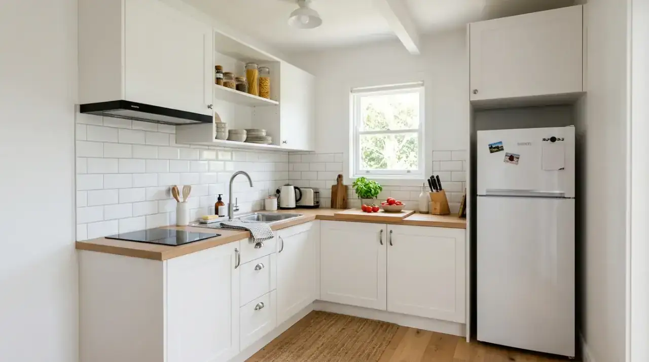 Fridge near prep zone. Kitchen refrigerator placed for easier connection to sink and prep areas.
