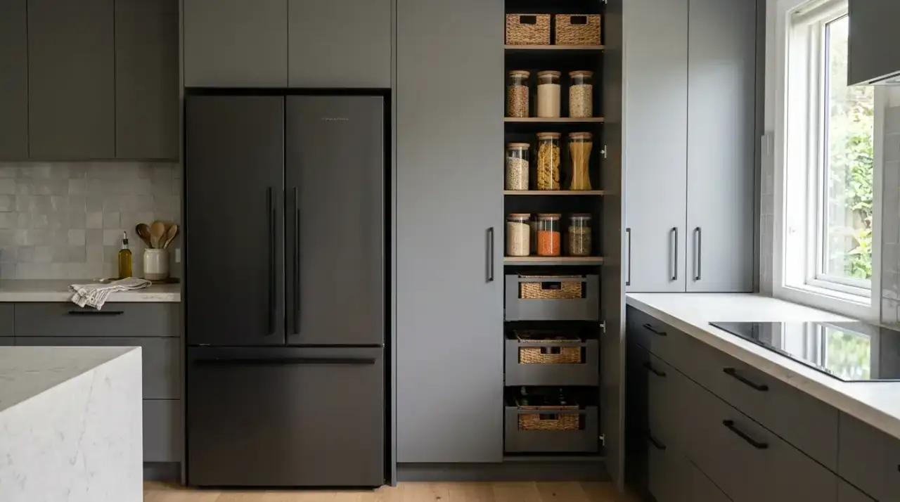 Counter-depth refrigerator kitchen. Narrow kitchen using a counter-depth refrigerator for smoother circulation.