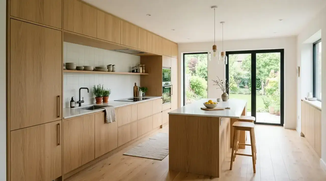 Paneled refrigerator kitchen. Kitchen with paneled refrigerator blending into surrounding cabinetry.