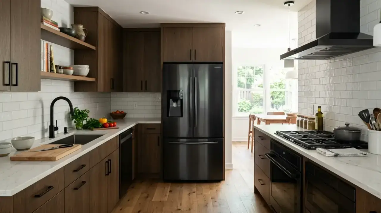 Family-friendly fridge placement. Kitchen refrigerator positioned to reduce traffic conflicts during daily use.