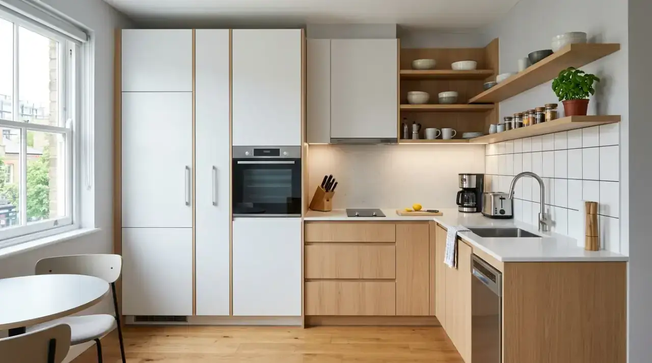 Corner refrigerator kitchen. Kitchen refrigerator placed in a corner with careful door and cabinet clearance.