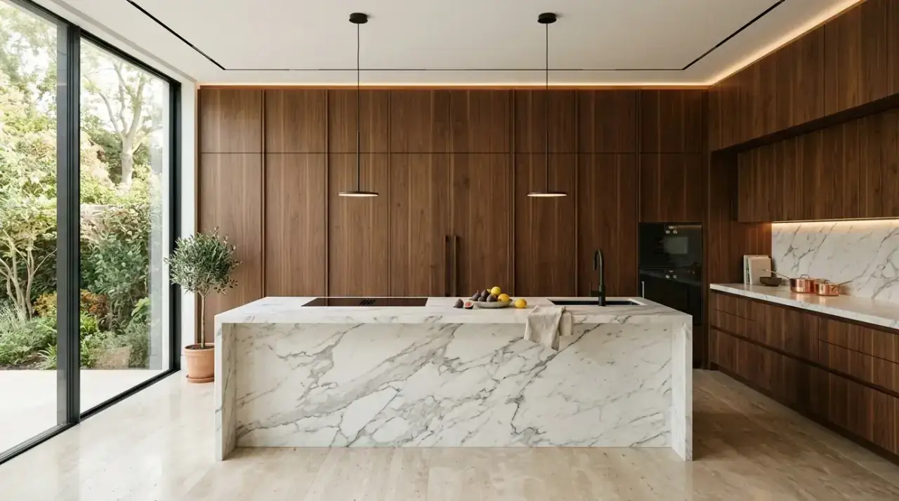 Fridge near pantry storage. Kitchen refrigerator positioned beside pantry storage for a stronger food zone.