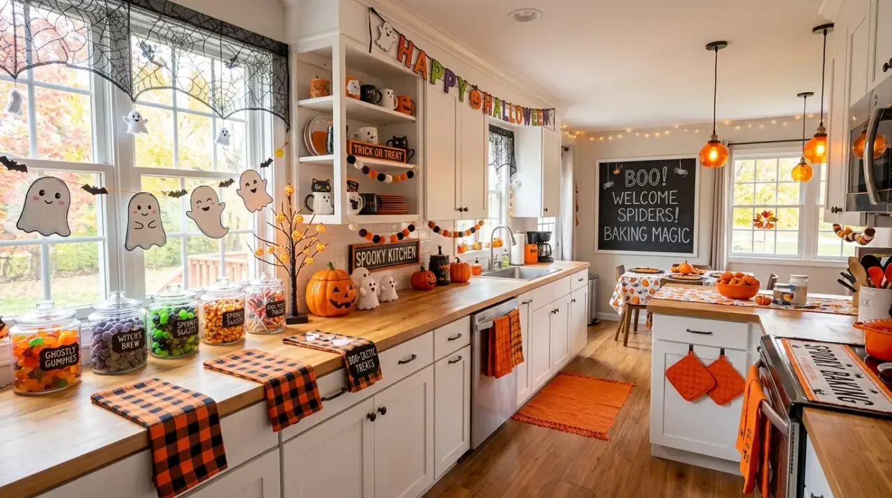 Apartment kitchen landing zone. Entry-adjacent kitchen organized with a controlled clutter landing spot.