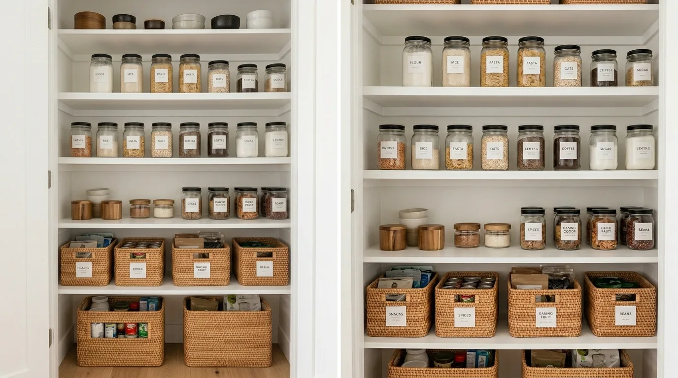 Small closet pantry with compact kitchen storage, layered shelving, and neatly organized essentials.