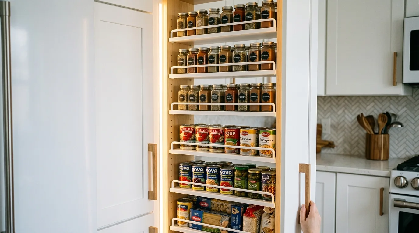 Closet pantry with pull-out storage bins. Deep shelves made easier to access in a compact kitchen pantry.