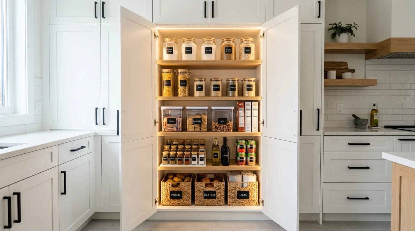Small closet pantry with clear canisters. Organized staples and clean visual storage.