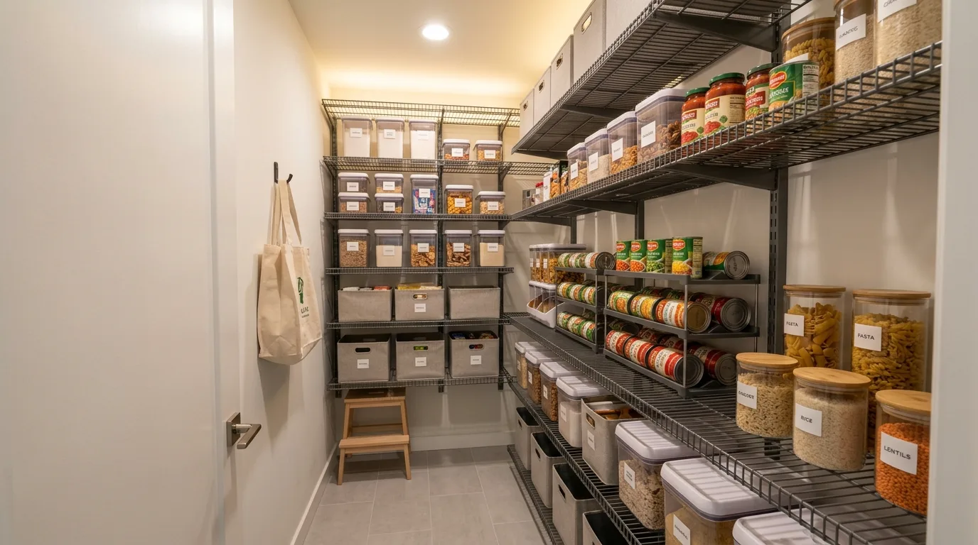 Labeled zones inside a small closet pantry. Compact organization by category for easier use.