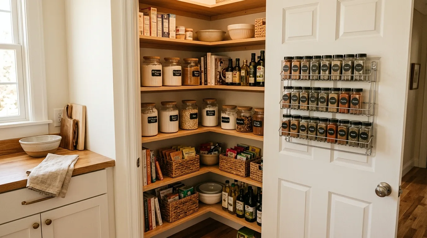 Shallow shelving in a compact closet pantry. Better visibility and easier access in a small pantry.