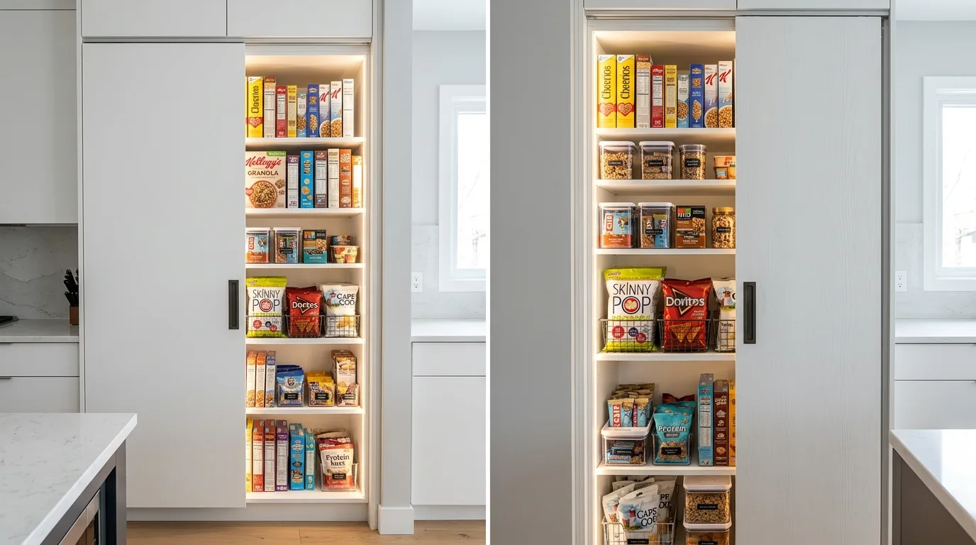 Tiered risers in a small closet pantry. Stepped storage for cans and jars in a compact pantry.