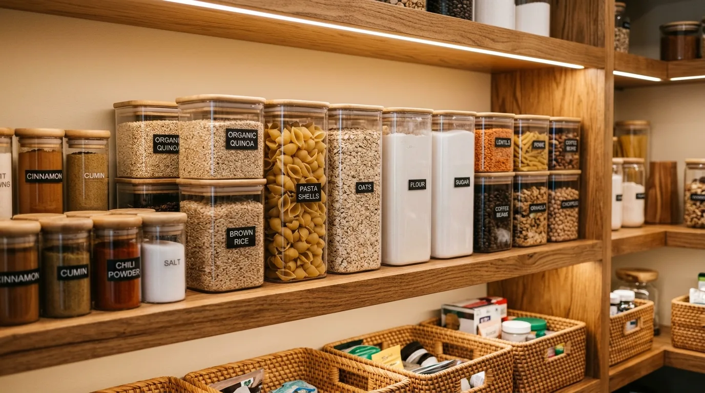 Wire basket storage in a small pantry closet. Grab-and-go categories and compact open organization.
