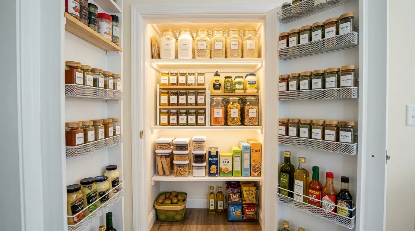 Slim drawer storage in a closet pantry. Compact hidden organization for pantry tools and supplies.