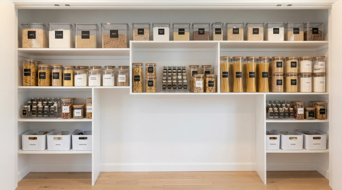 Turntable organizer in a small pantry closet. Better use of awkward corner storage in a compact pantry.