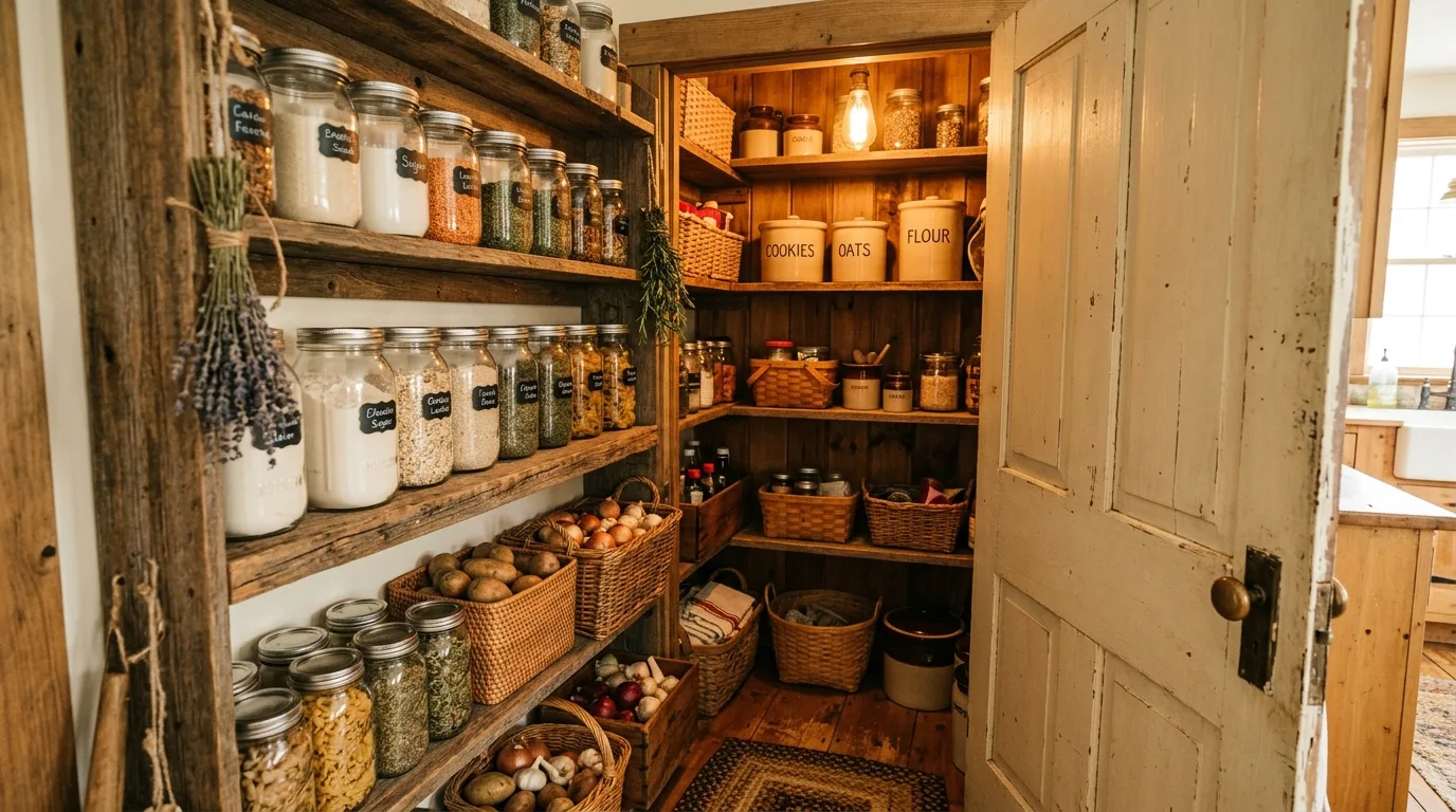 Well-lit small closet pantry. Built-in lighting and clearer compact storage visibility.