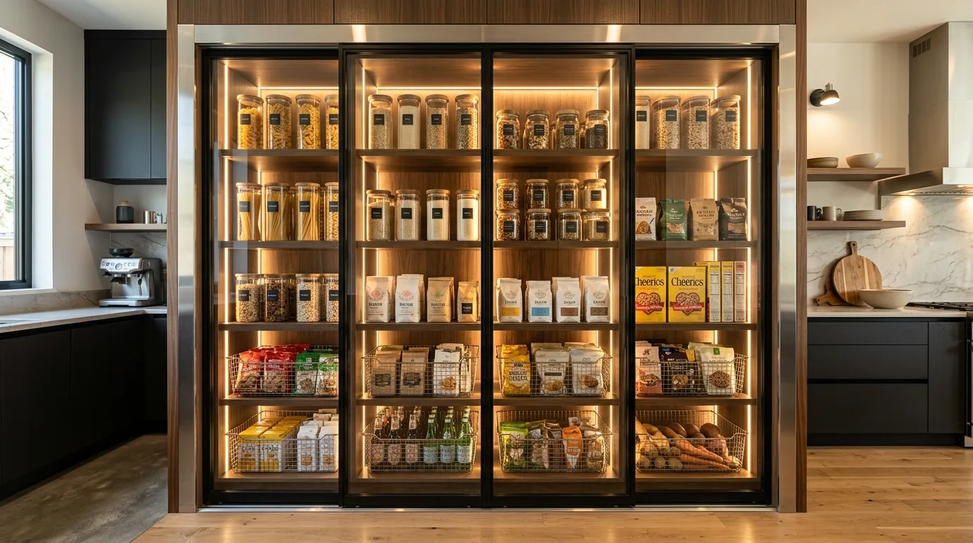 Lower open bins in a small closet pantry. Bulk storage arranged neatly at the bottom of a compact pantry.