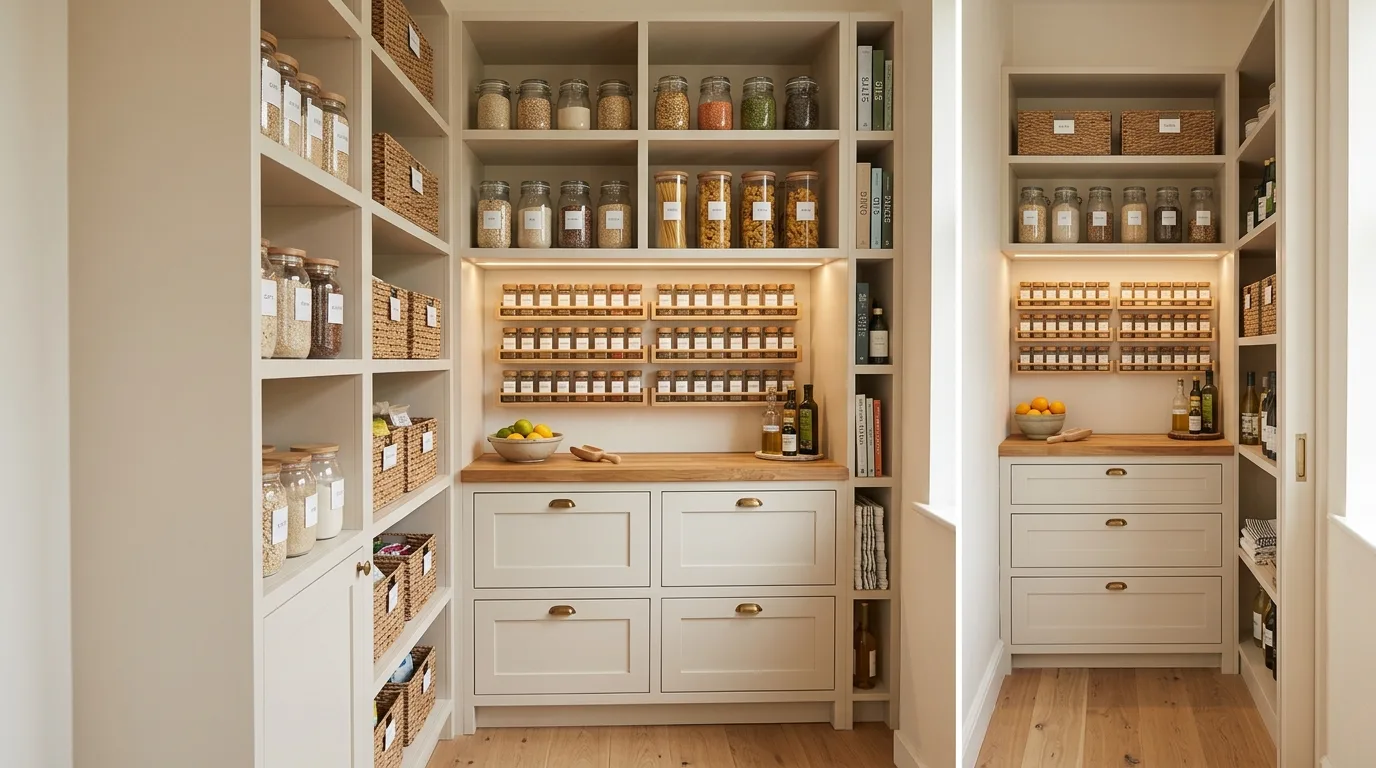 Closet pantry with mixed shelf heights. Customized compact storage for varied pantry items.