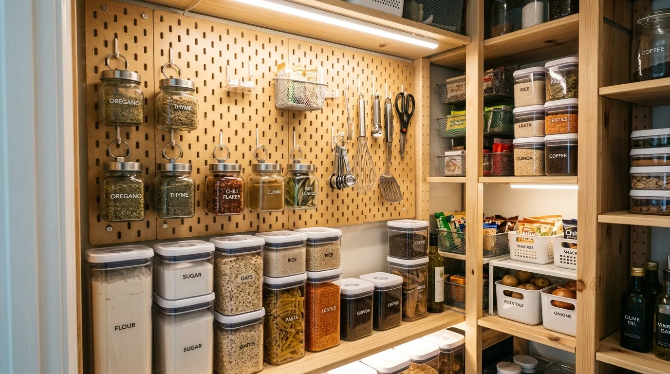 Closet pantry with matching kitchen door finish. Integrated compact pantry design within the kitchen.