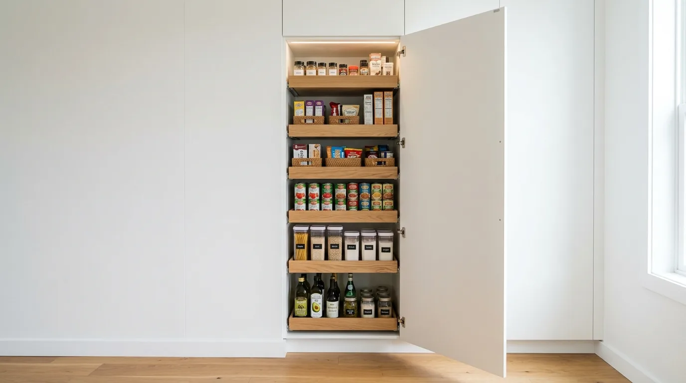 Tiny pantry organized for easy restocking. Clear categories and sustainable compact storage order.