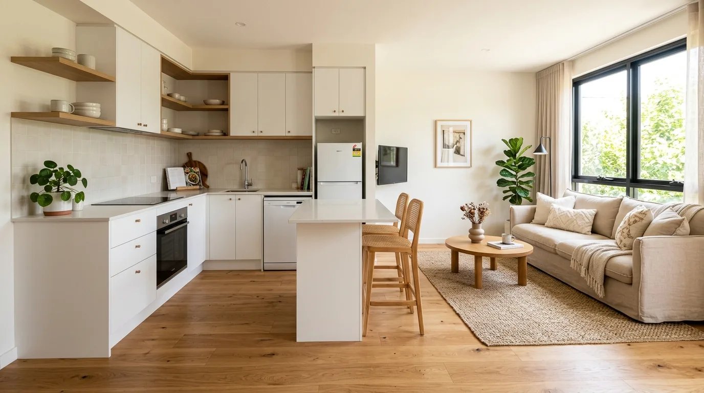 Small open-concept kitchen living room designed for better flow, light, and function.