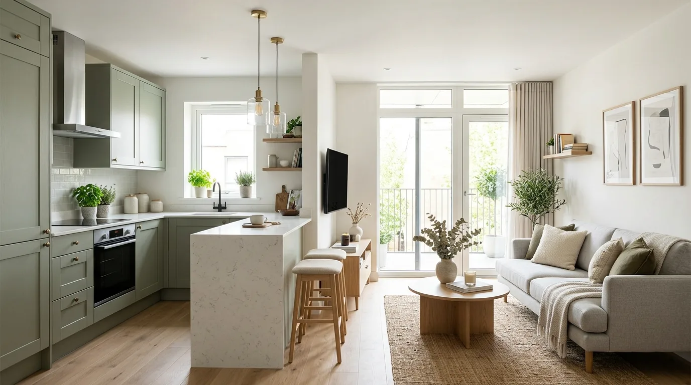 Low-profile furniture in small open-concept room. Flow-friendly living area beside compact modern kitchen.