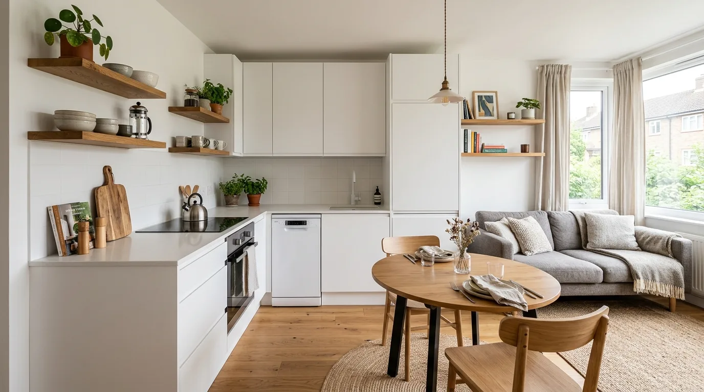 Shared materials in small open-concept kitchen and living room. Unified design choices improving compact-space flow.