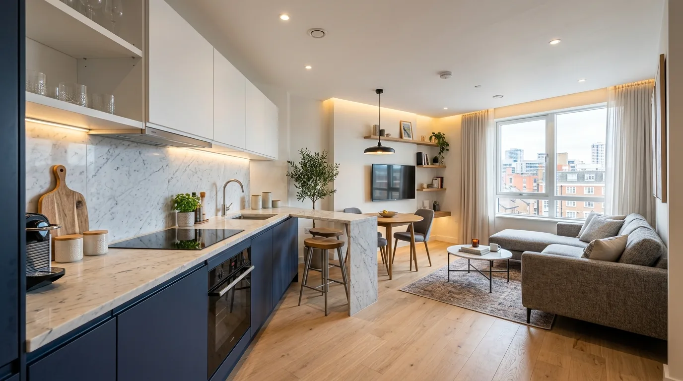 Rug defining living zone in small open room. Compact kitchen living area with clearer visual separation.